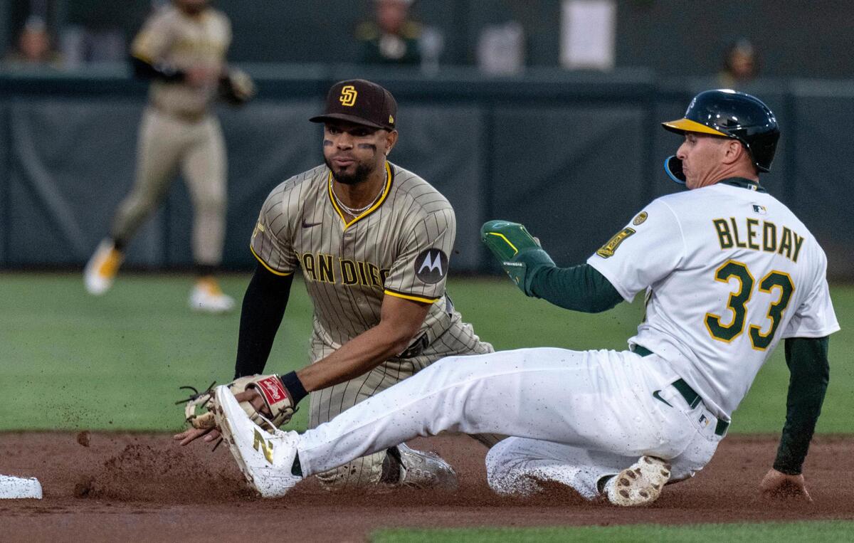 Athletics outfielder JJ Bleday (33) slides in safe at second base against San Diego Padres second baseman Xander Bogaerts (2) during an MLB game at Sutter Health Park on Monday.