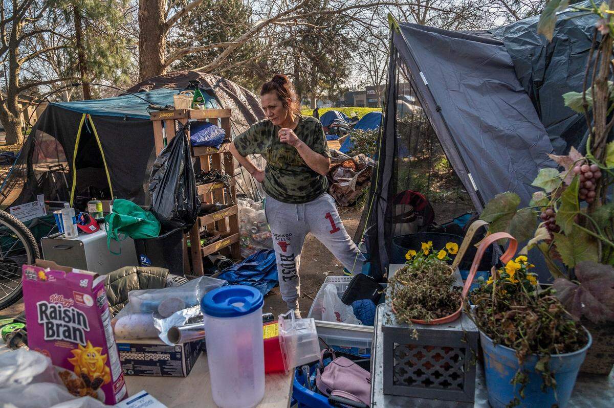 Jamie Gardner, 55, said Friday she would have to return to the river where she feels unsafe if she is evicted from the homeless encampment where she now lives on the corner of Fair Oaks Boulevard and Howe Avenue.