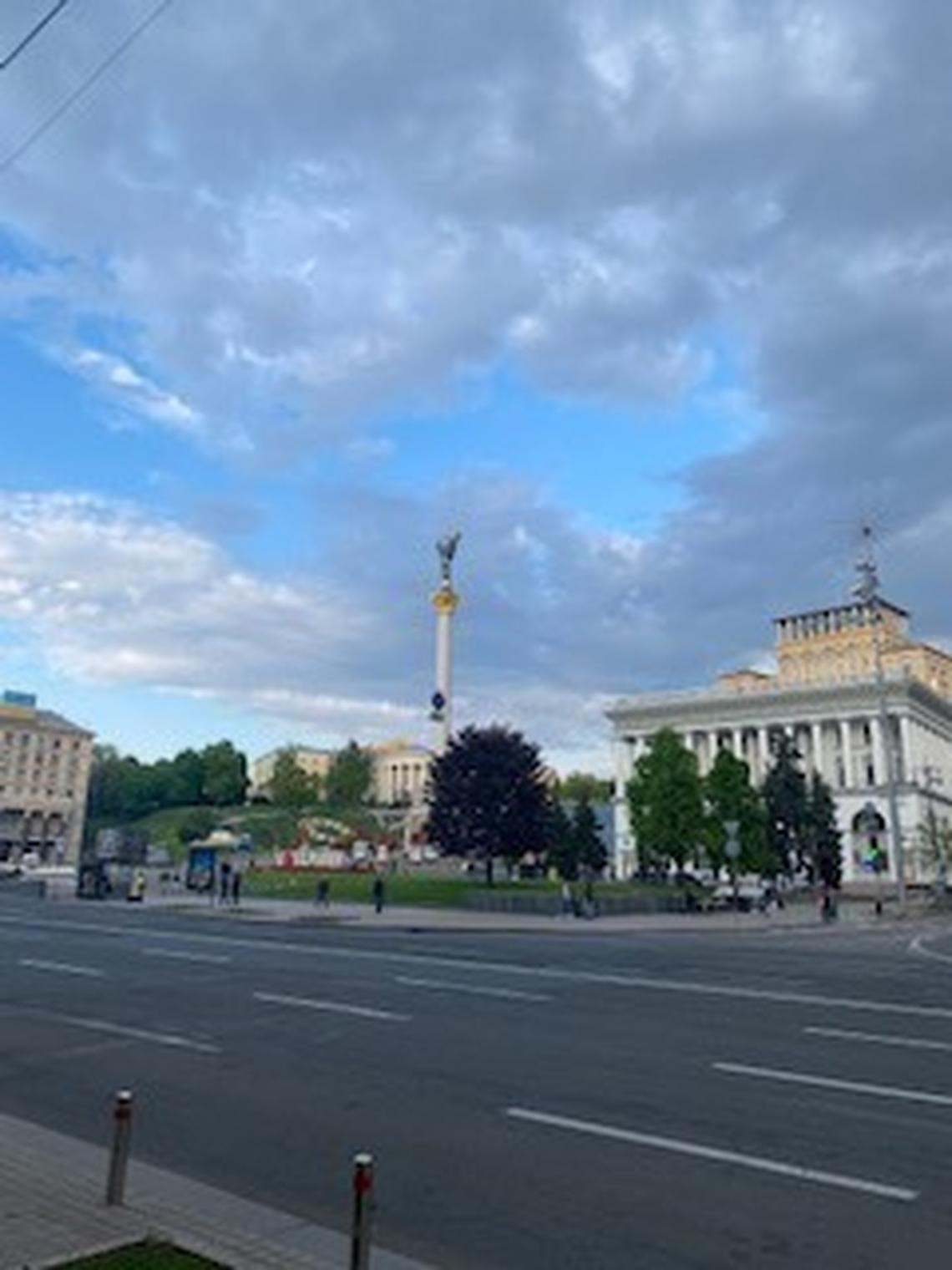 The deserted streets along Independence Square of Kyiv, Ukraine in early May 2022. The Independence Monument commemorates the country’s independence from the Soviet Union in 1991.
