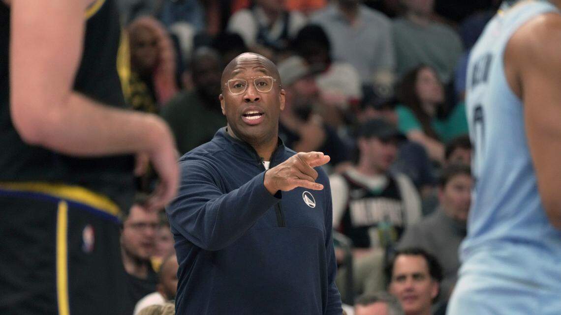Golden State Warriors’ acting head coach Mike Brown calls to his team in the second half of Game 5 of an NBA basketball second-round playoff series against the Memphis Grizzlies Wednesday, May 11, 2022, in Memphis, Tenn. (AP Photo/Karen Pulfer Focht)
