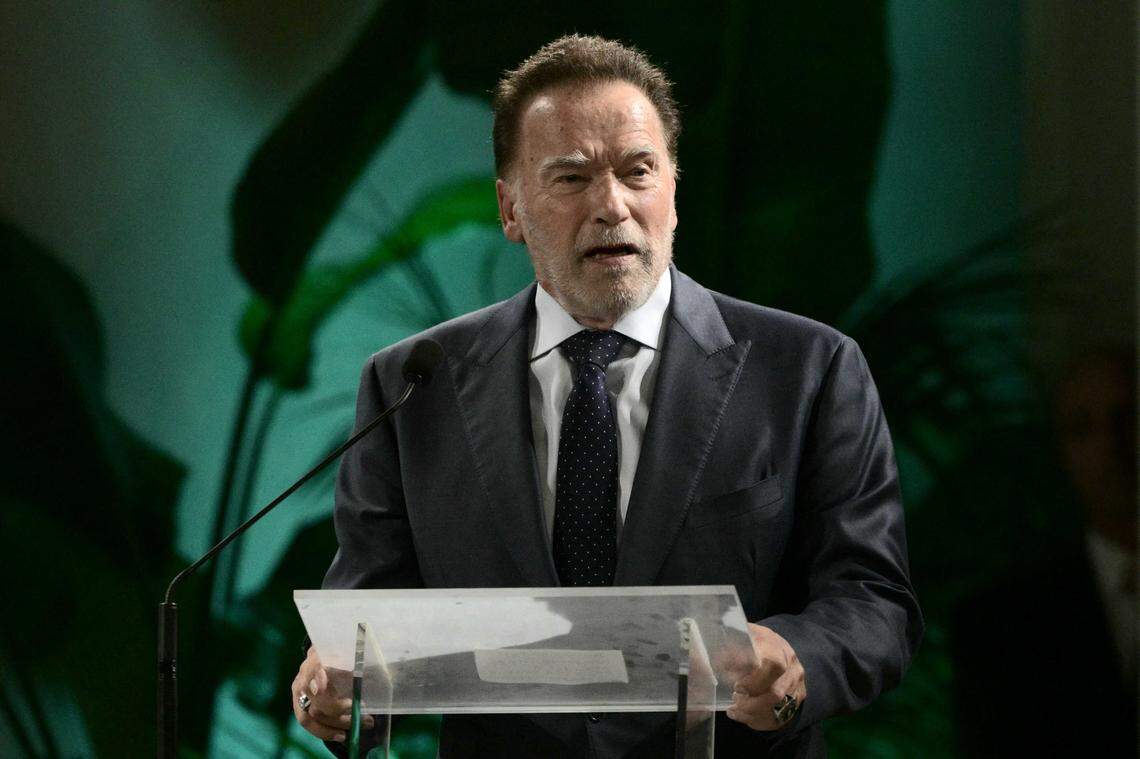 Arnold Schwarzenegger delivers a speech at the International Conference “Raising Hope for Climate Justice” at the Mariapolis Center in Castel Gandolfo on Oct. 1, 2025. The former California governor, actor and champion weightlifter is being inducted into the California Hall of Fame.