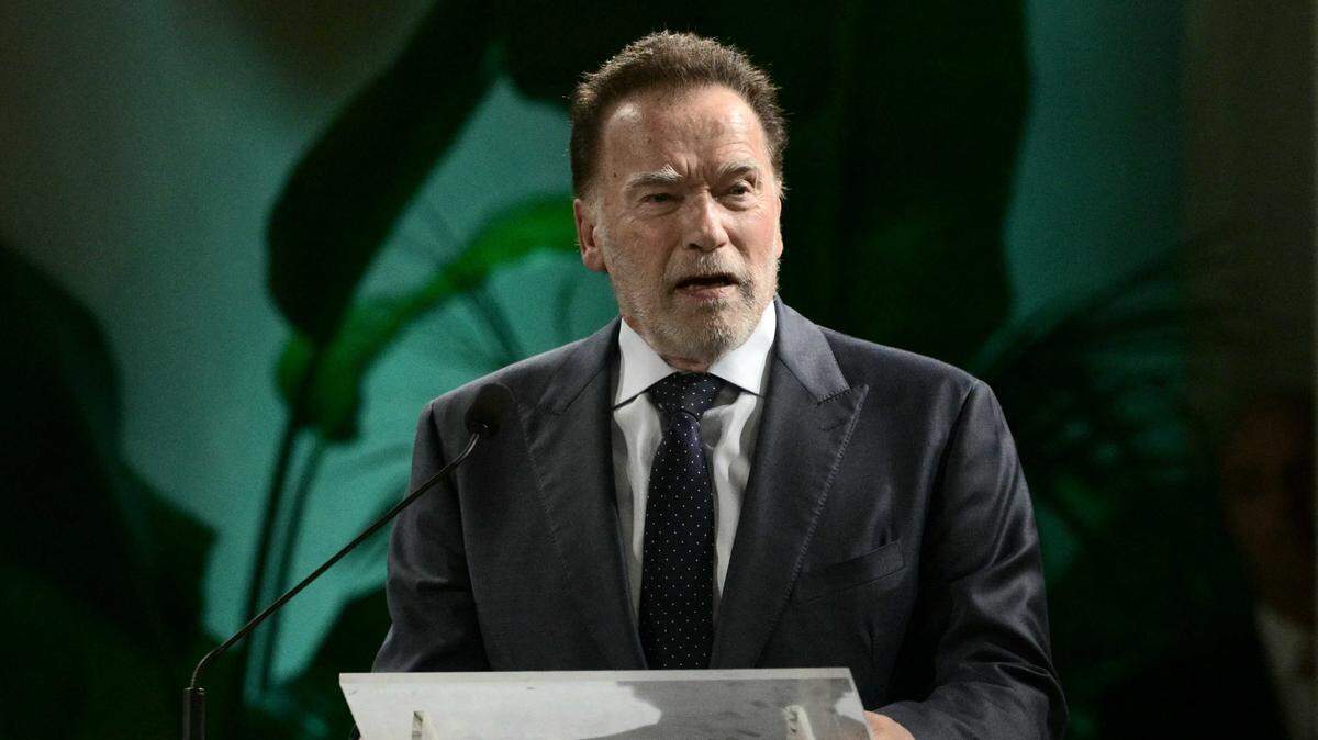 Arnold Schwarzenegger delivers a speech at the International Conference “Raising Hope for Climate Justice” at the Mariapolis Center in Castel Gandolfo on Oct. 1, 2025. The former California governor, actor and champion weightlifter is being inducted into the California Hall of Fame.