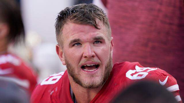 San Francisco 49ers offensive tackle Mike McGlinchey against the Pittsburgh Steelers during the second half of an NFL football game in Santa Clara, Calif., Sunday, Sept. 22, 2019. (AP Photo/Tony Avelar)