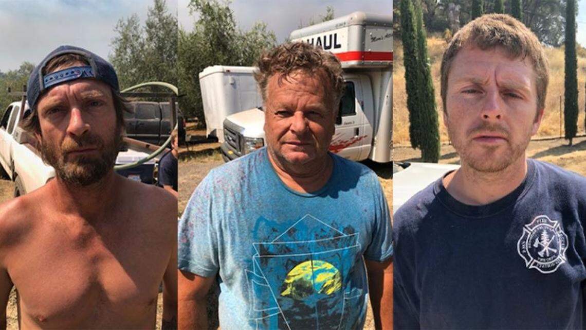 Gary Wertheimer, left, Steven Bell, and Travis Bell were arrested Saturday by Lake County Sheriff’s Department deputies on suspicion of interfering with firefighters and not being authorized to be in an evacuation zone.