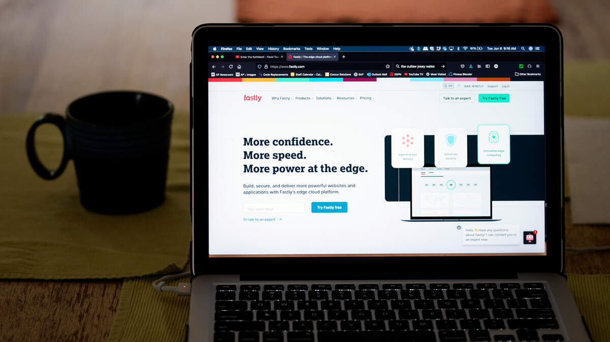The Fastly home page is seen on Tuesday, June 8, 2021, in Los Angeles. Dozens of websites briefly went offline around the globe Tuesday, including CNN, The New York Times and Britain’s government home page, after an outage at the cloud service Fastly.
