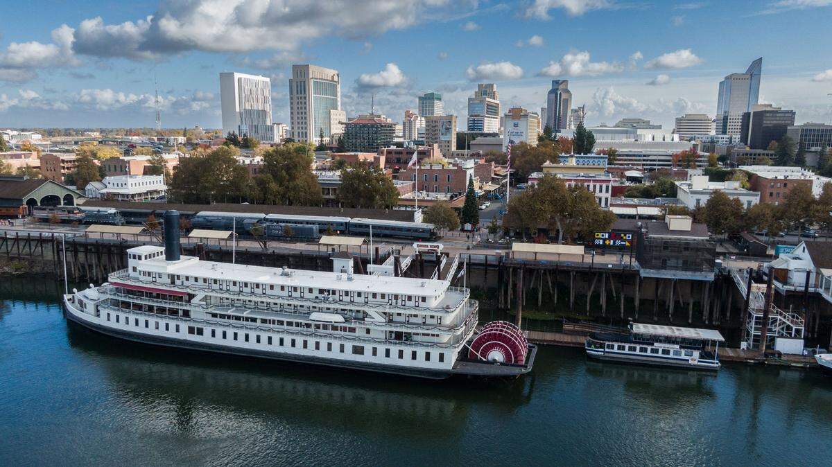 A view from a drone of the Sacramento waterfront on Thursday, Nov. 14, 2024 after city leaders held press conference to announce funding for projects to revamp the area.