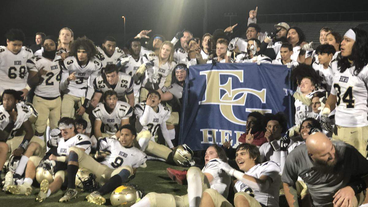 Members of the Elk Grove High School football team take a group photo after their 28-20 victory over Cosumnes Oaks on Friday in a Sac-Joaquin Section Division II semifinal at Cosumnes Oaks High School.