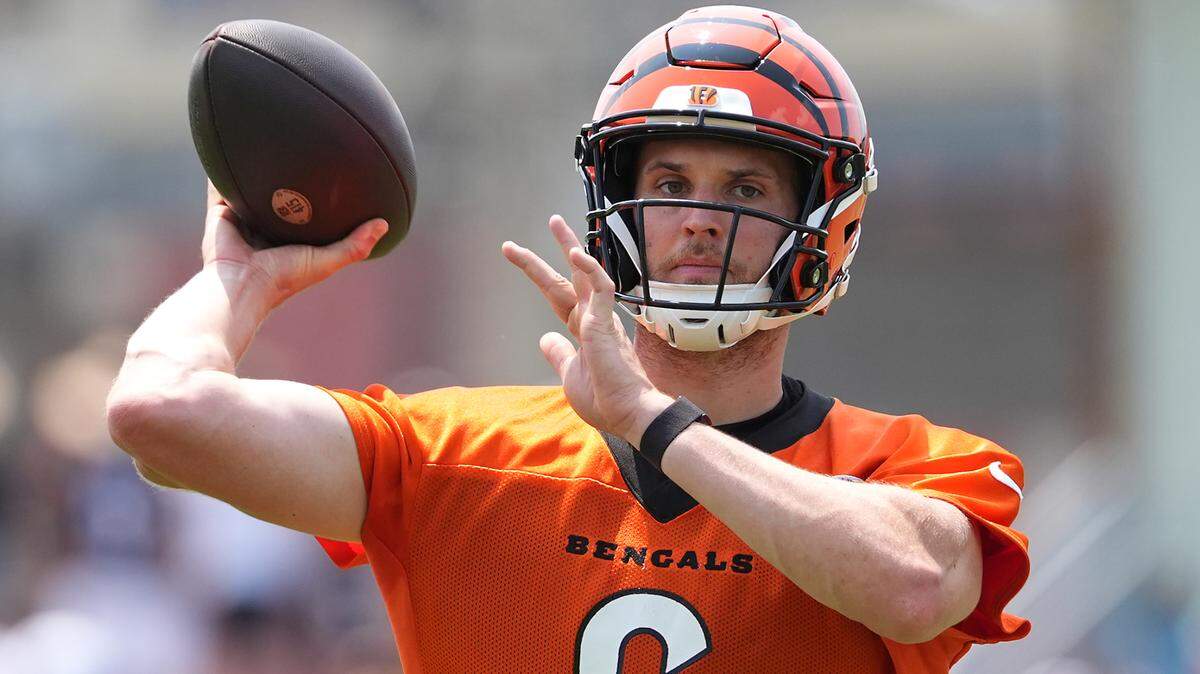 Cincinnati Bengals quarterback Jake Browning (6) throws during training camp practice July 26 at Kettering Health Practice Fields in Cincinnati.