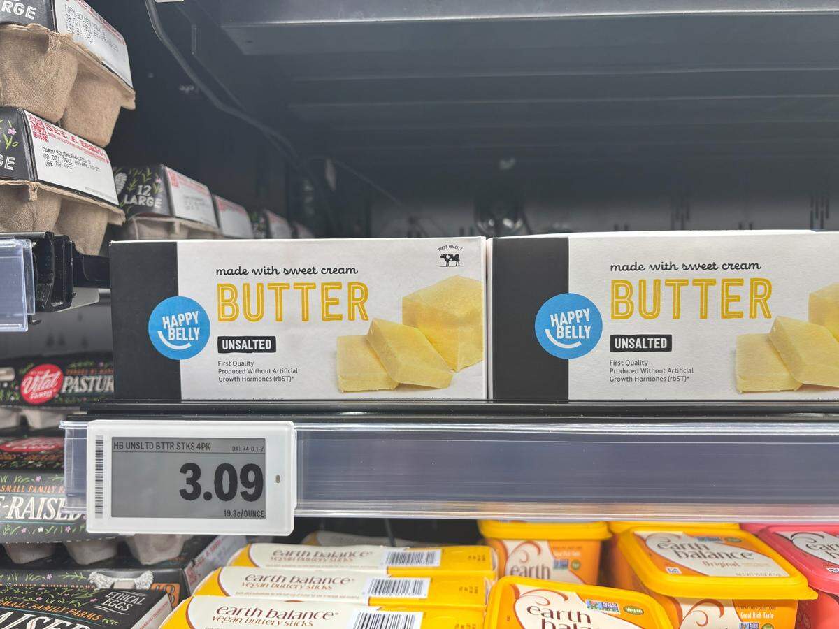 Amazon Fresh, at 7530 Elk Grove Blvd. in Elk Grove, had the cheapest pound of unsalted butter in the area, costing $3.09 on Friday, March 28, 2025