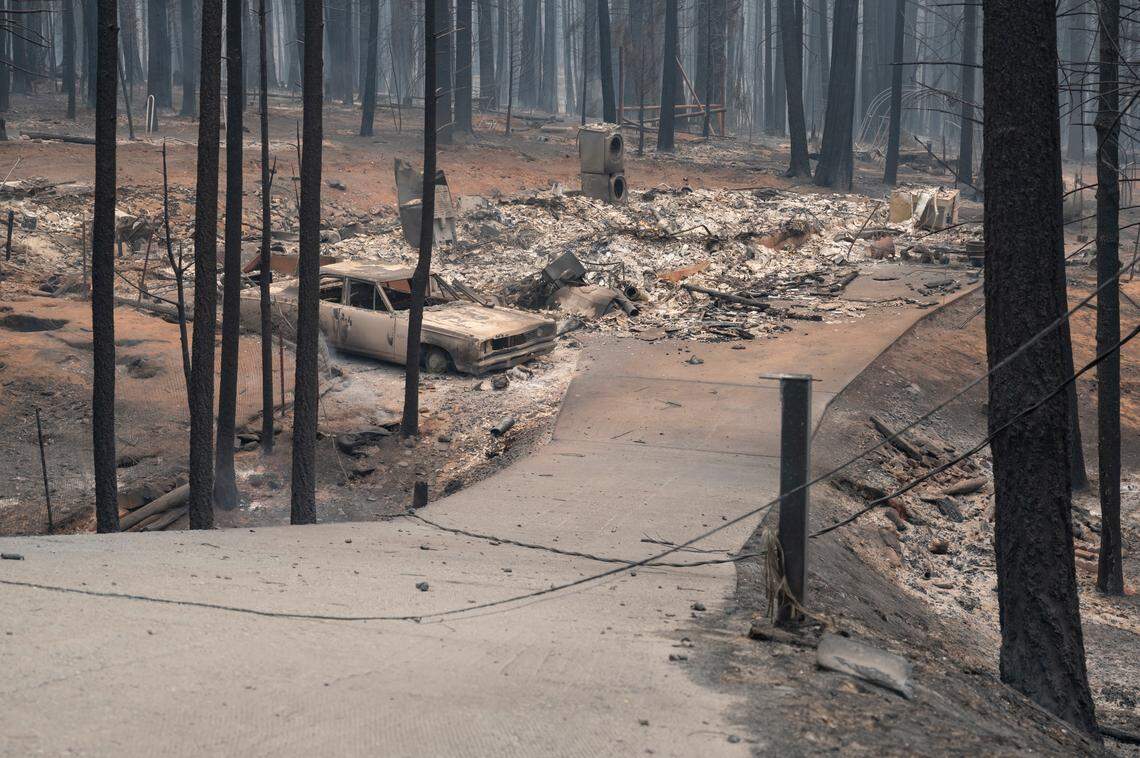 A house burned to the foundation on Sciaroni Road from the Caldor Fire in Grizzly Flats on Tuesday, Aug. 17, 2021.