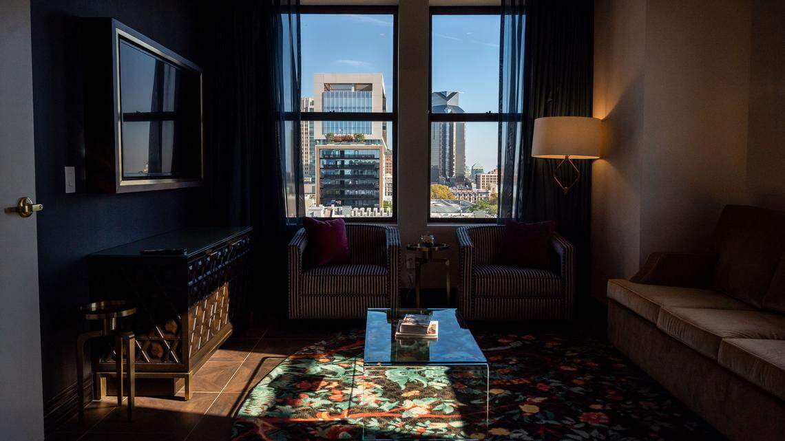 The downtown skyline is seen from a tenth floor suite at The Exchange Sacramento, a boutique hotel, on Thursday, Nov. 11, 2021. The structure opened in 1914 as Sacramento’s first true high-rise. Recently, the city extended entitlements for a proposed 14-story hotel project downtown, according to public filings.