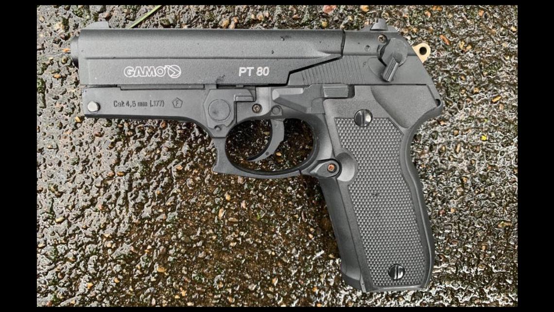 Rodney Bryant, 68, of Aloha, Oregon, faces bias charges after threatening a Black FedEx driver with a realistic-looking pellet gun, shown here, sheriff’s officials say.