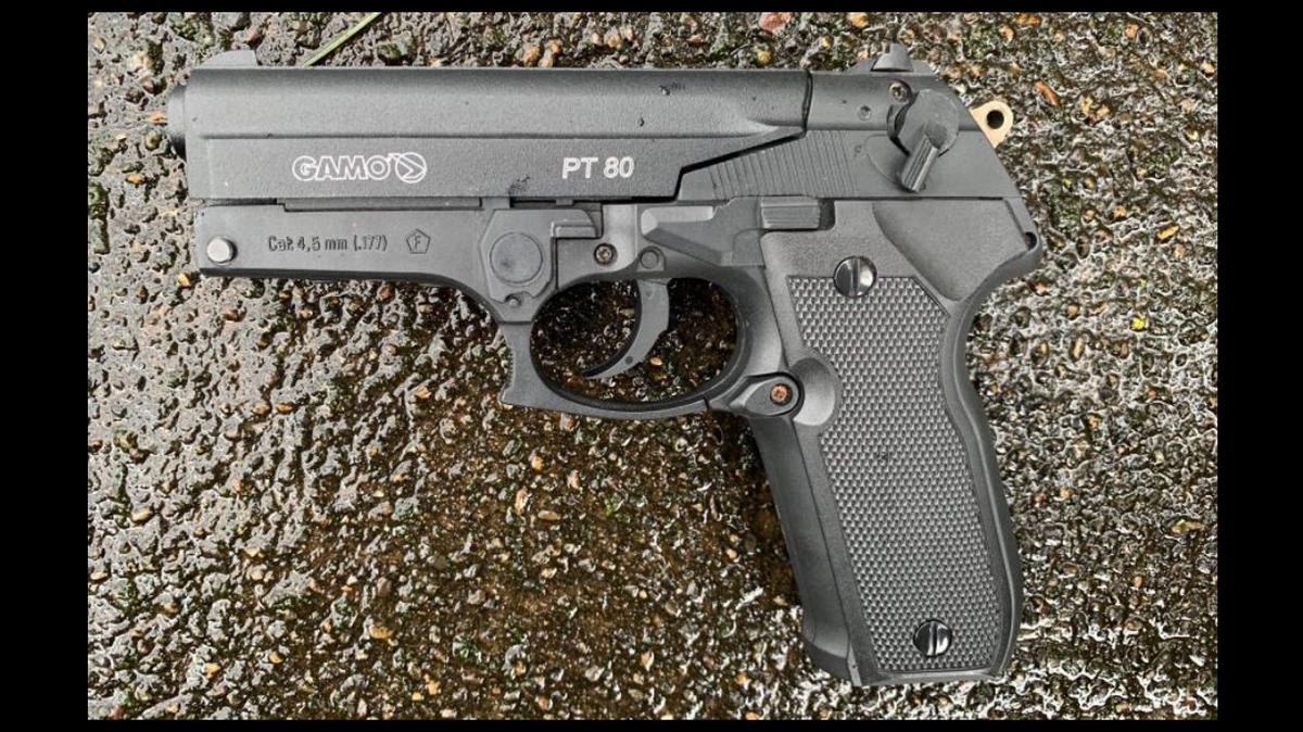 Rodney Bryant, 68, of Aloha, Oregon, faces bias charges after threatening a Black FedEx driver with a realistic-looking pellet gun, shown here, sheriff’s officials say.