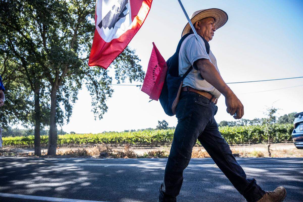Doroteo Jimenez, of Lodi, who lost his niece Maria Isabel to heat exposure in 2008, joins the UFW march after it made a stop in Galt on Tuesday.