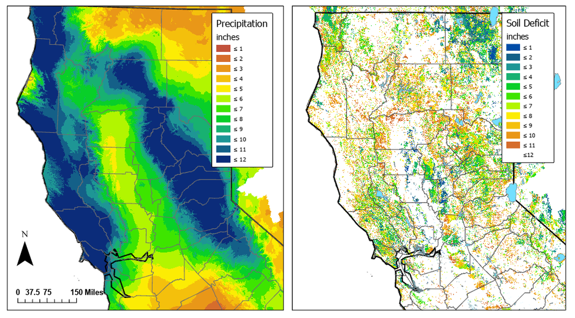 The figure on the left shows how much rainfall counties in Northern California experienced from recent rain in October. The figure on the right demonstrates how dry the soil is, even after the rain. The colors show how many inches of rain is necessary to fill the soil before there is runoff. Note: the model data is preliminary and subject to change.