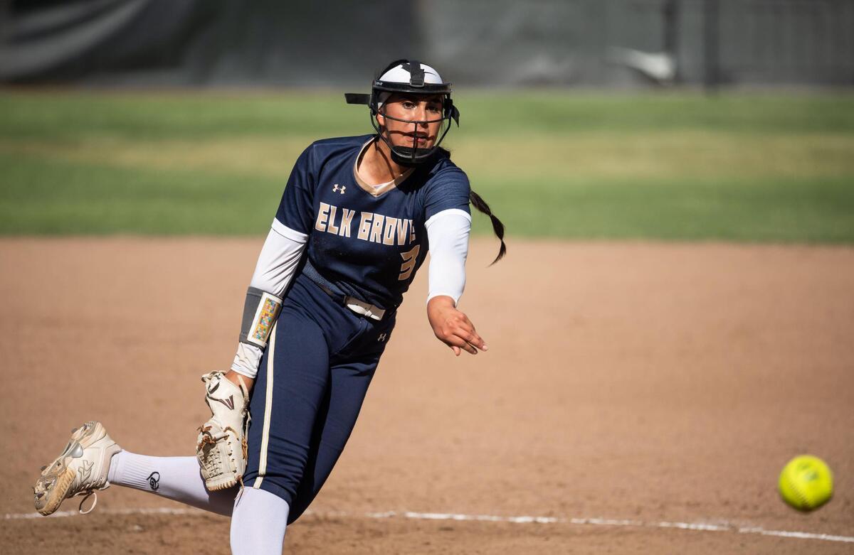 Elk Grove pitcher Aissa Silva throws against St. Francis during the Sac-Joaquin Section semifinal high school softball game Tuesday, May 24, 2022, at St. Francis Catholic High School in Sacramento.