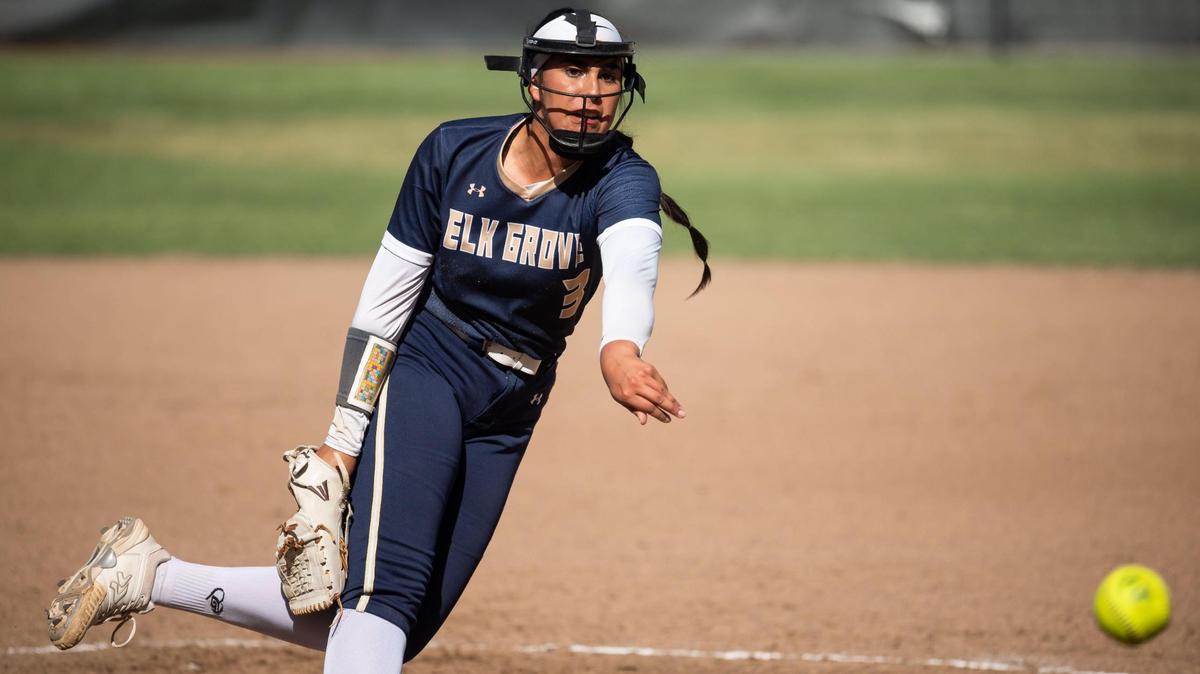 Elk Grove pitcher Aissa Silva throws against St. Francis during the Sac-Joaquin Section semifinal playoff game in 2022 at St. Francis Catholic High School in Sacramento.