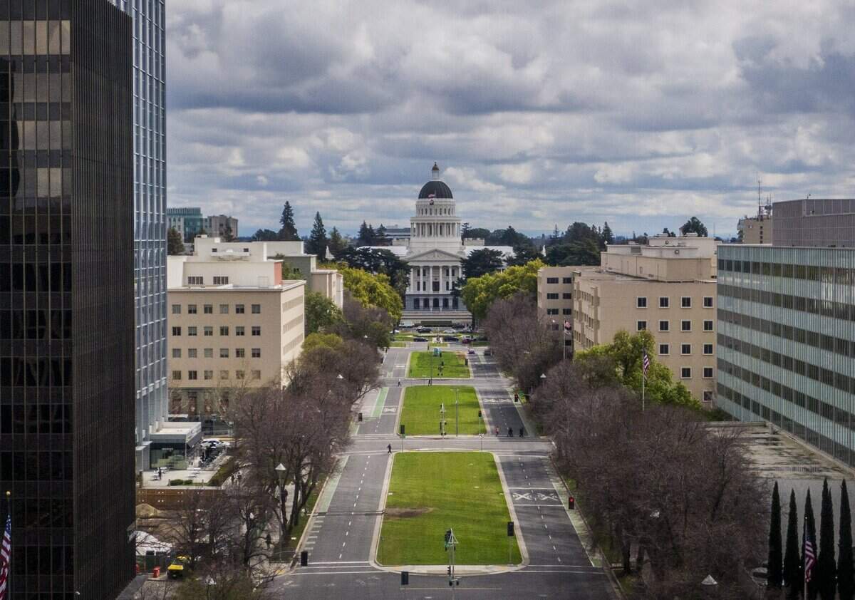 A drone image shows of Capitol Mall looking empty on Tuesday, March 17, 2020.