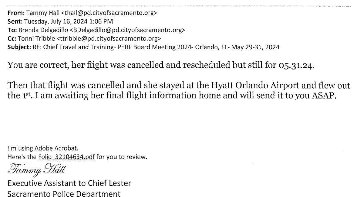 Email noting Sacramento Police Chief Kathy Lester’s canceled flight.