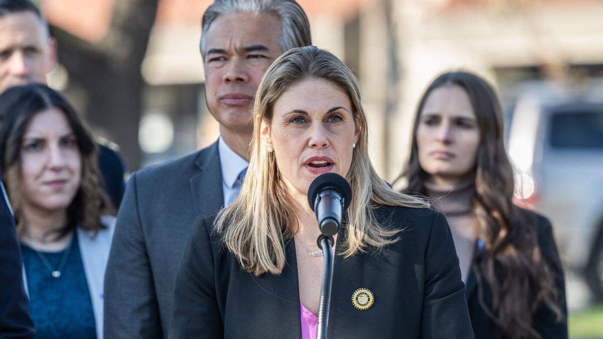 Assemblymember Maggy Krell, D-Sacramento, talks about her work against human trafficking during a Sacramento press conference on Tuesday, Jan. 28.