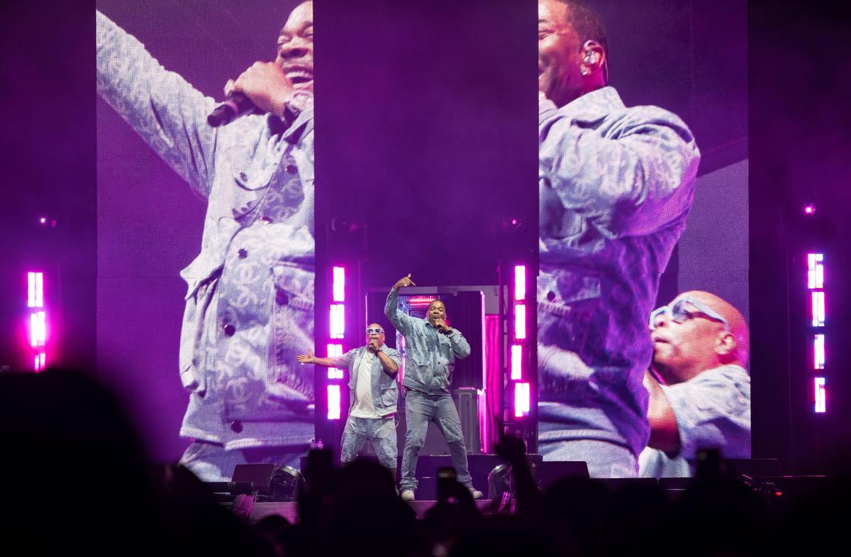 Busta Rhymes, right, accompanied by Spliff Star, performs “Oh Oooh” before headliner Curtis “50 Cent” Jackson on The Final Lap Tour, also featuring Jeremih, at Golden 1 Center on Monday, Sept. 4, 2023, in Sacramento. Hype man Spliff Star
