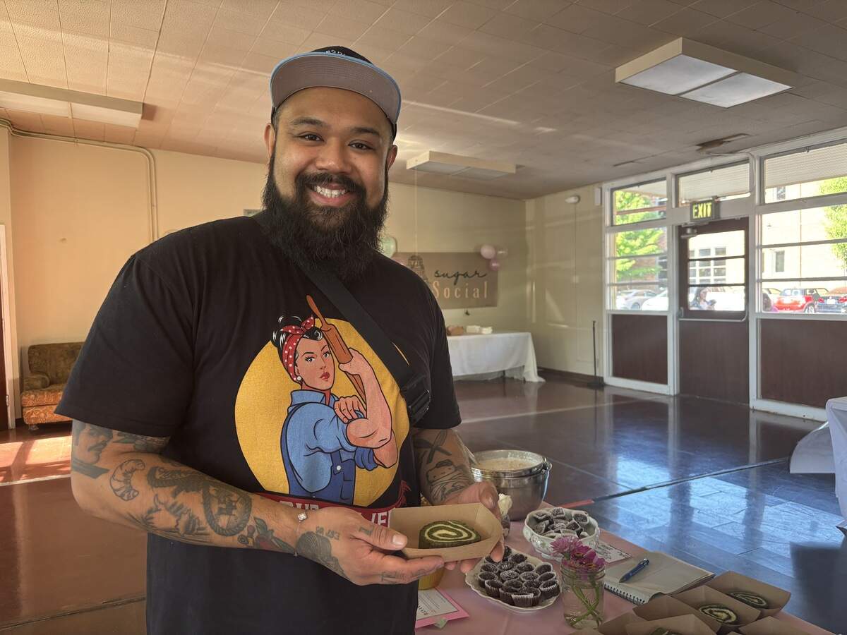 BennyJean Peneyra, pastry chef at Chu Mai in Sacramento, made a matcha swiss roll swirled with cheesecake filling for Sugar Social in midtown on Saturday.