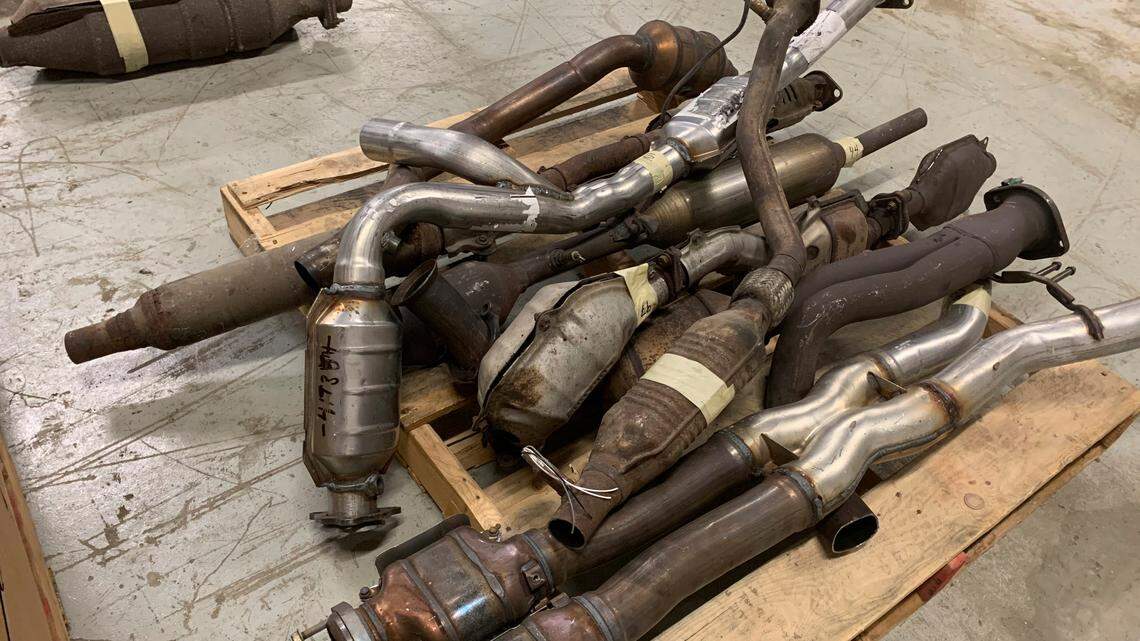 In this undated photo provided by the Utah Attorney General’s Office, catalytic converters are shown after being seized in a recent investigation there.