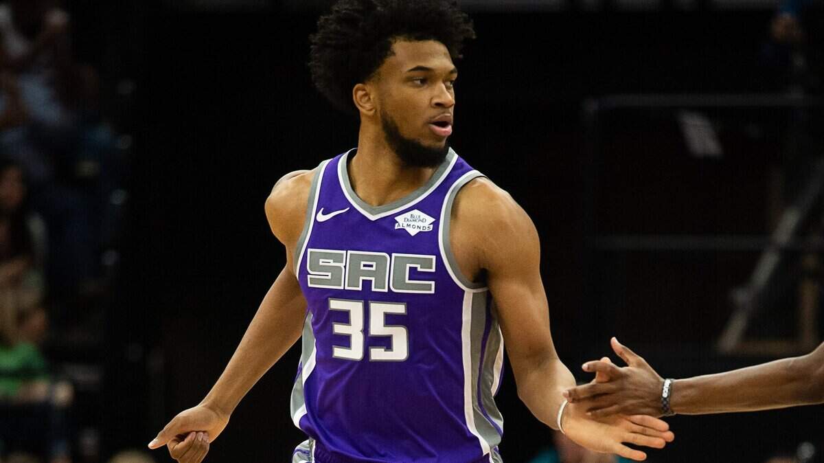 Sacramento Kings forward Marvin Bagley III (35) reacts after basket against the Chicago Bulls during a game at Golden 1 Center on Sunday, March 17, 2019 in Sacramento.
