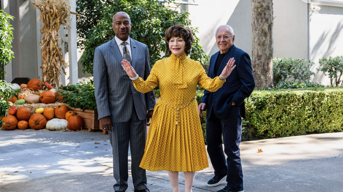 UC Davis Chancellor Gary S. May and philanthropists Lynda and Stewart Resnick pose for a picture at the chancellor’s residence in Davis last month after the announcement of a $50 million donation, the largest in campus history.