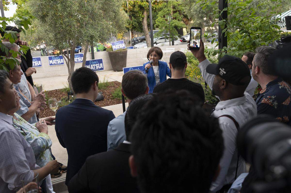 U.S. Rep. Doris Matsui speaks to her supporters at Sellands on Broadway in Sacramento on primary election night on Tuesday.
