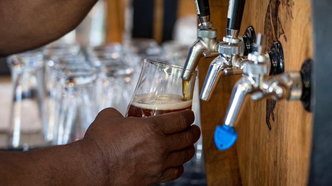 Beer being poured from the tap at Dreaming Dog Brewery in Elk Grove on Saturday, May 29, 2021.