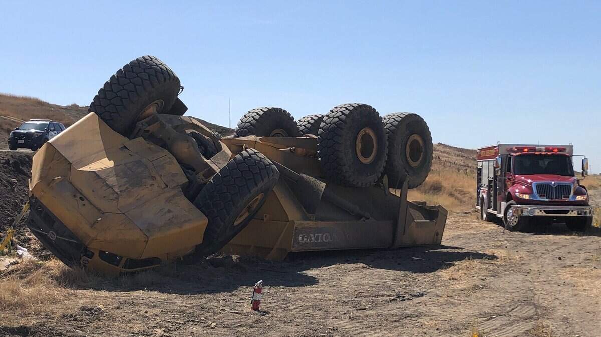 A dump hauler overturned Wednesday at the Yolo County Central Landfill in Woodland. The driver suffered minor injuries. 