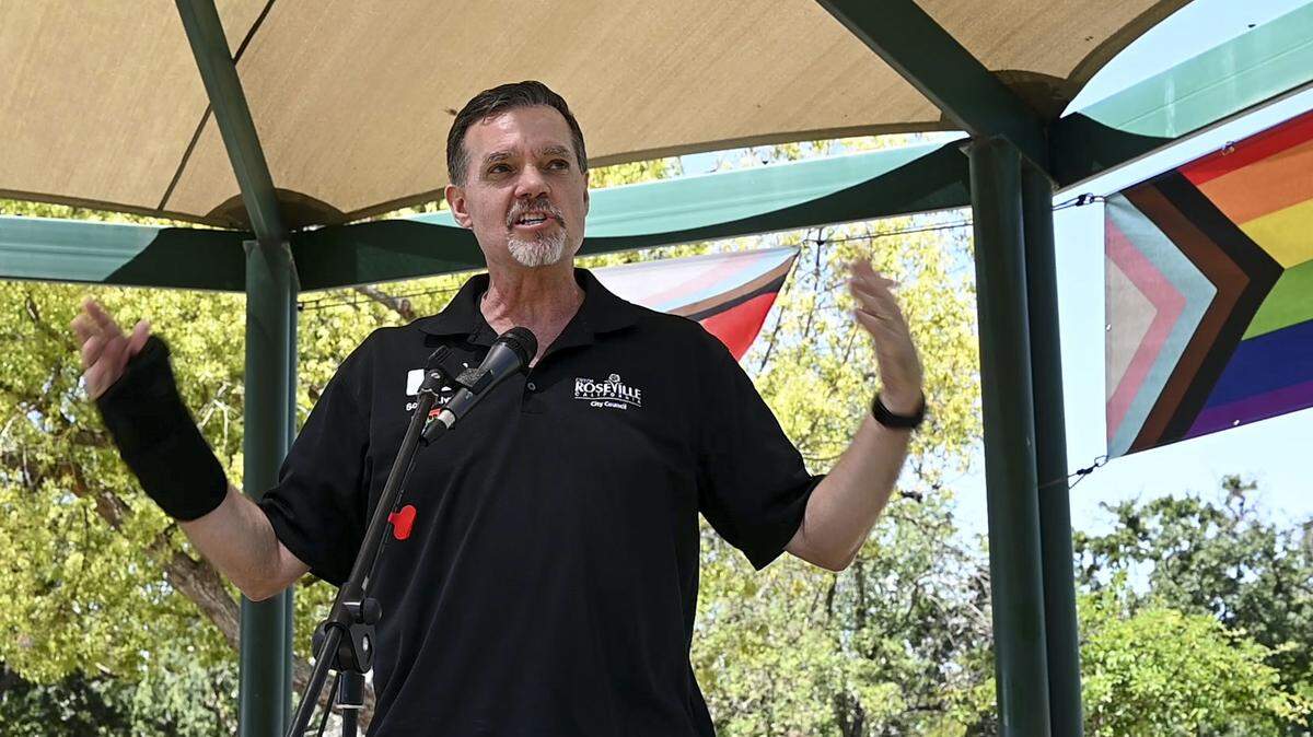 Roseville Councilman Scott Alvord speaks to the crowd at Placer Pride on Saturday, May 21, 2022, at Royer Park in Roseville. Alvord filed a lawsuit earlier this week against a conservative blogger and a local restaurateur, alleging they defamation.