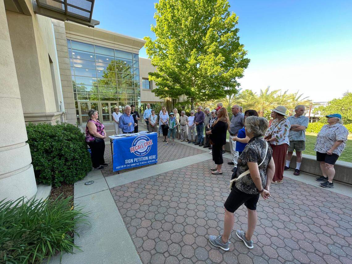 Jeff Gorder, spokesman for The Committee to Recall Kevin Crye, speaks in front of recall supporters before a Shasta County Board of Supervisors meeting on Tuesday, May 16, 2023.