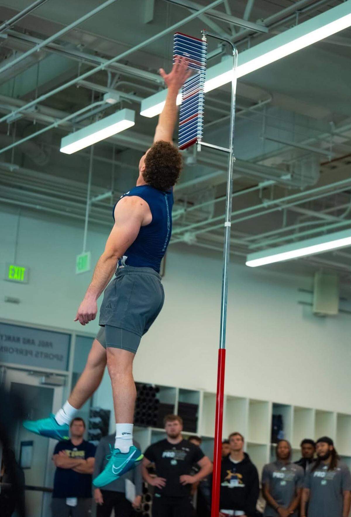 UC Davis football running back Lan Larison performs a vertical leap drill during the Pro Day at the UC Davis campus on Monday.