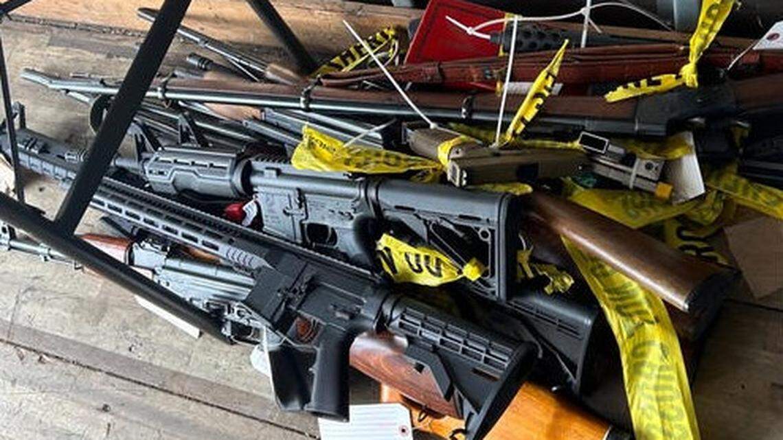 Some of the 408 firearms collected at a gun buyback event in San Jose, California, where someone turned in a rocket launcher.