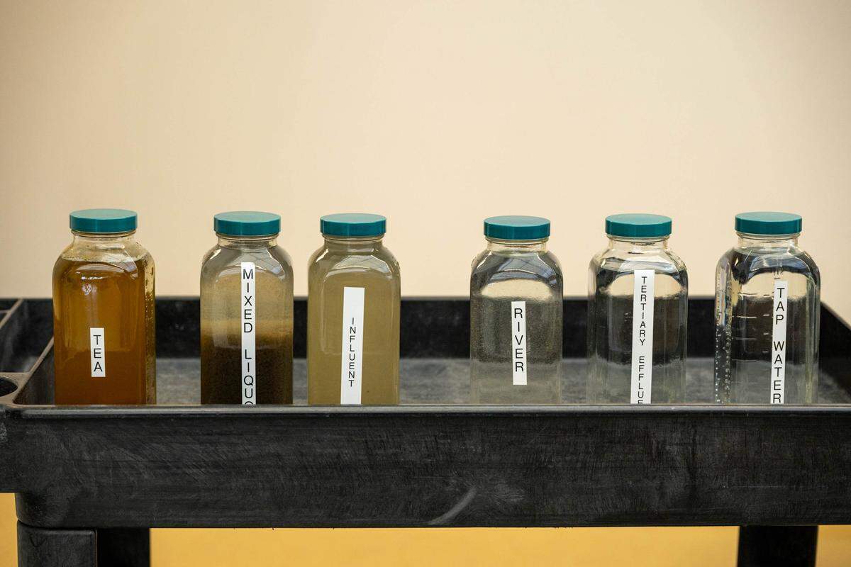 Bottles hold water samples at the EchoWater Resource Recovery Facility, a wastewater treatment plant that serves much of Sacramento County, on Wednesday, May 20, 2026.