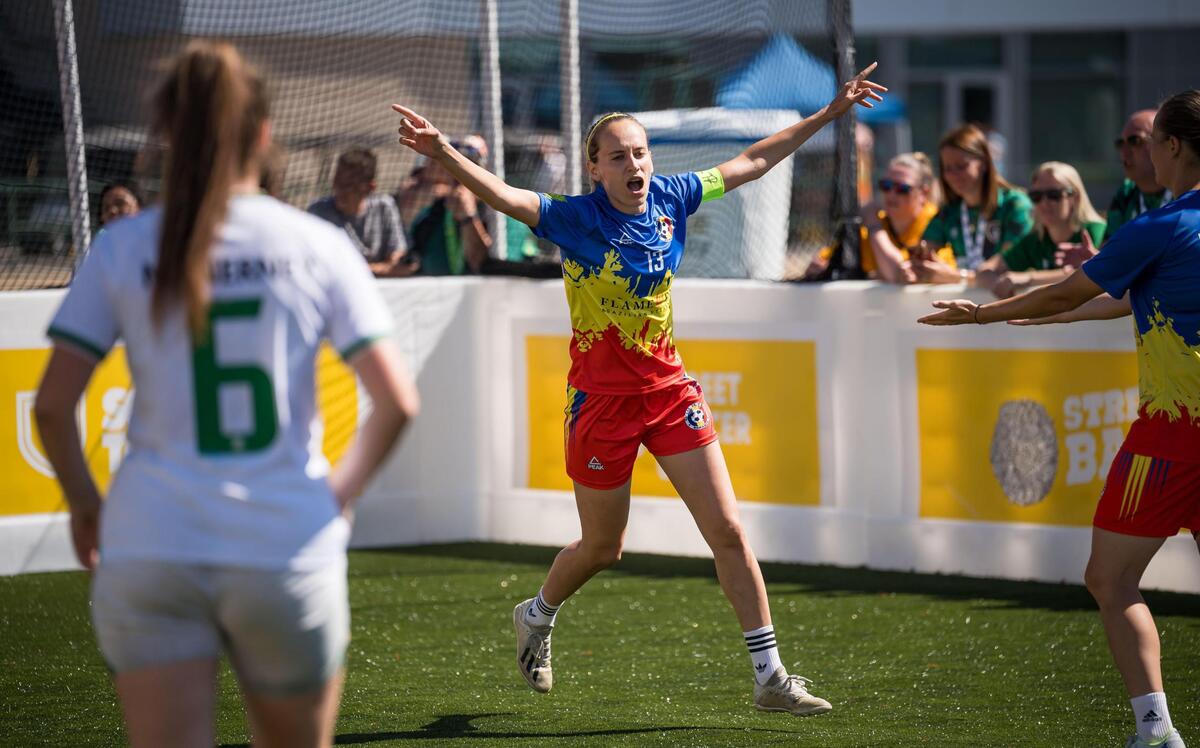 Deca Nicoleta celebrates scoring against Ireland during their women’s match on the final day of play at the Homeless World Cup on Saturday, July 15, 2023, at Hornet Stadium at Sacramento State.