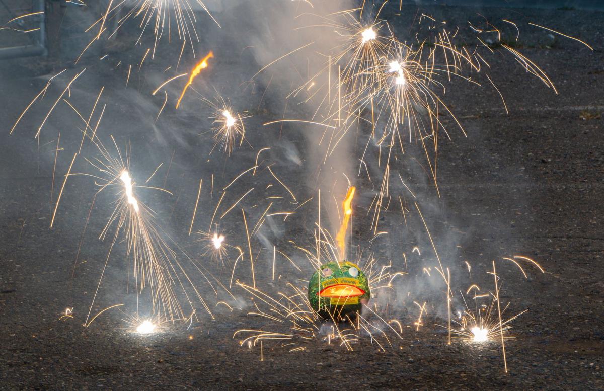 Phantom Fireworks’ “Fiery Frogs” fountain glows from the inside out during a sparkling display.