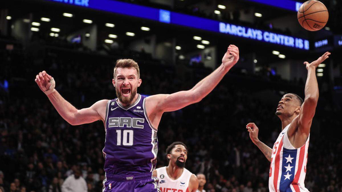 Sacramento Kings forward Domantas Sabonis (10) reacts after loosing the ball in the second quarter against the Brooklyn Nets at Barclays Center on Thursday, March 16, 2023, in Brooklyn, New York.