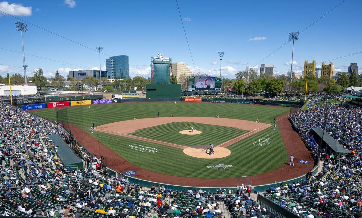 Athletics pitcher Angelo Perdomo throws in the sixth inning against the Chicago Cubs on Wednesday during the A’s first day game at Sutter Health Park in West Sacramento.