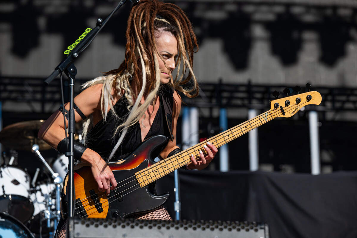 Bassist Tanya O'Callaghan performs with Bruce Dickinson during the Aftershock festival on Friday, Oct. 3, 2025, in Discovery Park in Sacramento.  