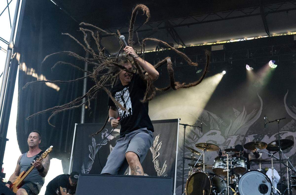 Lead vocalist Brian Fair performs with Boston metalcore band Shadows Fall at the Aftershock festival in Sacramento’s Discovery Park on Sunday.