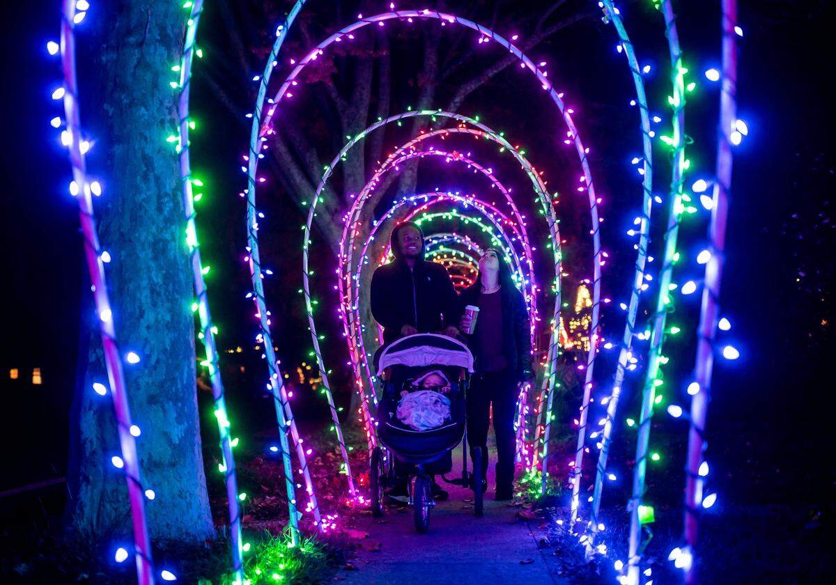 Families walk under an archway of lights along the sidewalk in front of multiple homes on the 5300 to 5400 block of T Street in Sacramento’s Elmhurst neighborhood on Dec. 1.