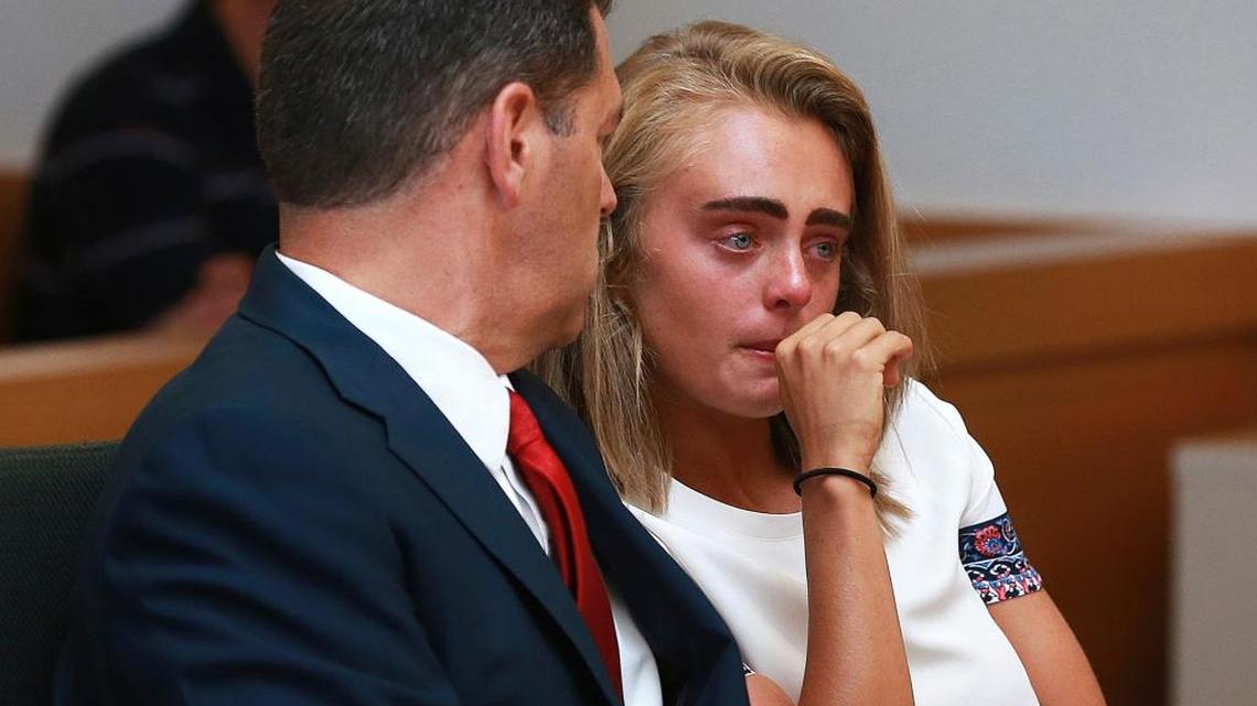 Michelle Carter awaits her sentencing at Taunton trial court in Taunton, Mass., on Thursday for involuntary manslaughter for encouraging Conrad Roy III to kill himself in July 2014.