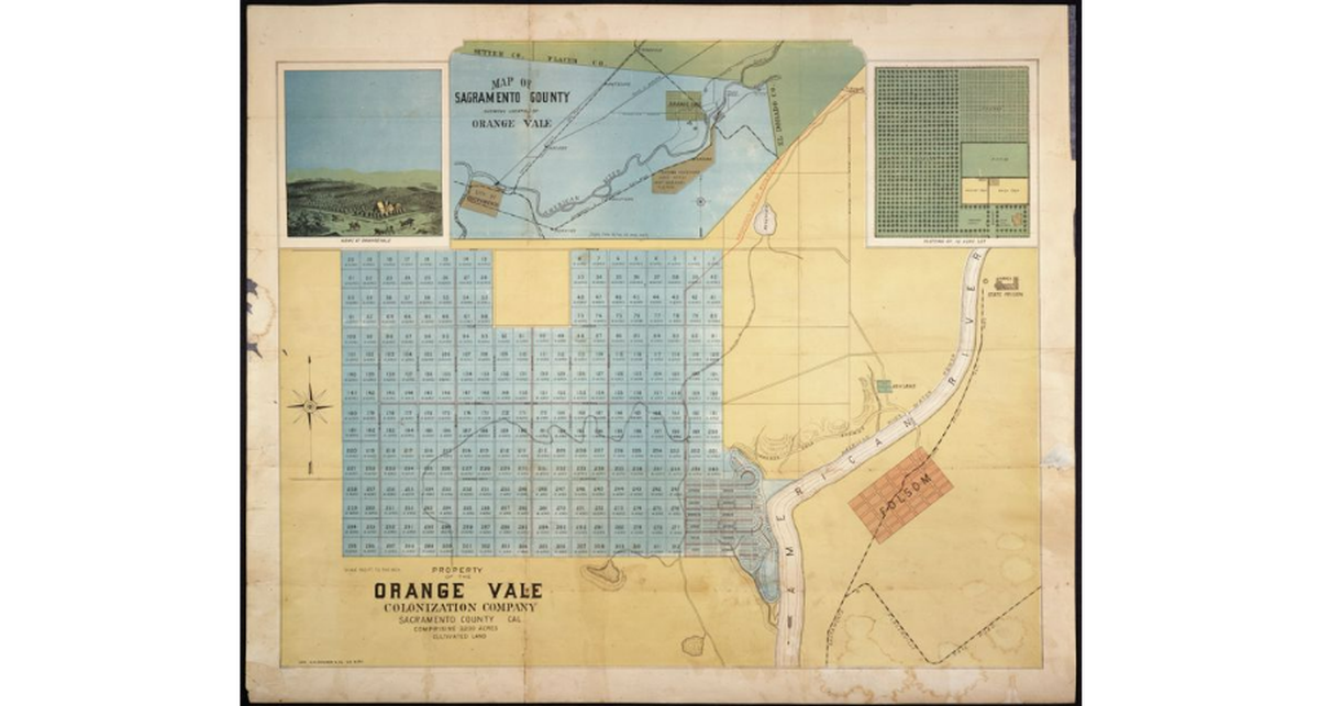 A map from 1892 shows the location of Orange Vale, property of The Orange Vale Colonization Company, in Sacramento County.