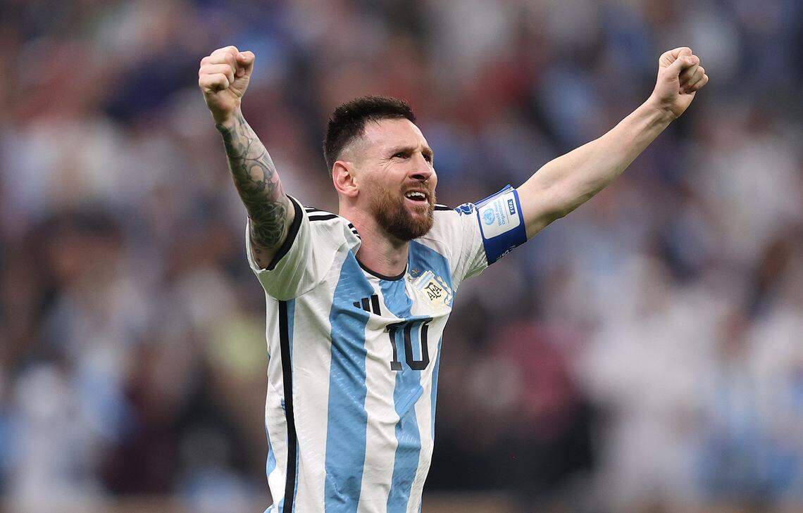 Lionel Messi of Argentina celebrates scoring after he made it 3-2 in extra time during the 2022 FIFA World Cup between Argentina and France at Lusail Stadium in Lusail City, Qatar, on Dec. 18, 2022 in Lusail City, Qatar.