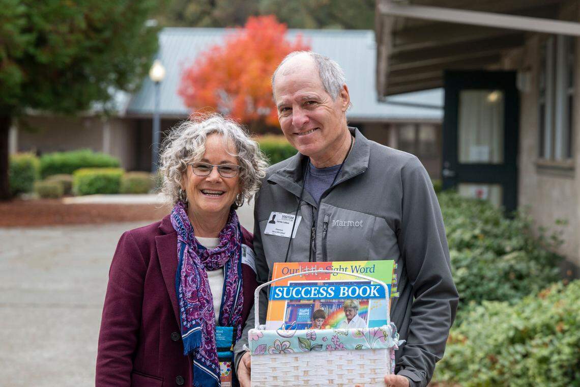 Linda LoBue and James LoBue, with the nonprofit Sight Word Busters, visit Sierra Hills School in Meadow Vista earlier this month. Annually, their organization teaches 3,000 kids to master “sight” words that often are hard for young learners to sound out.
