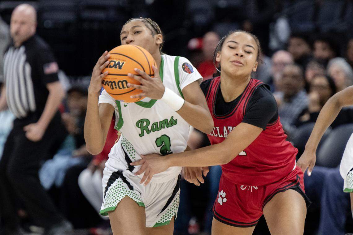 The St. Mary’s Rams Aynya Hardy takes the ball away from the McClatchy Lions’ Mikayla Reyes in the CIF Sac-Joaquin Section Division I championship game Saturday at Golden 1 Center in Sacramento.