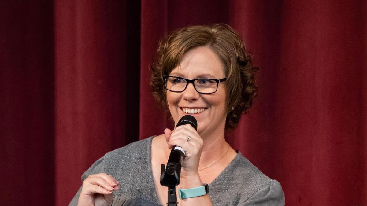 Natomas Unified School District board trustee candidate Megan Allen, running in Area 1 against Noel Mora, responds to a question Wednesday, Oct. 12, 2022, during a candidate forum at the Benvenuti Performing Arts Center adjacent to Natomas Charter School.